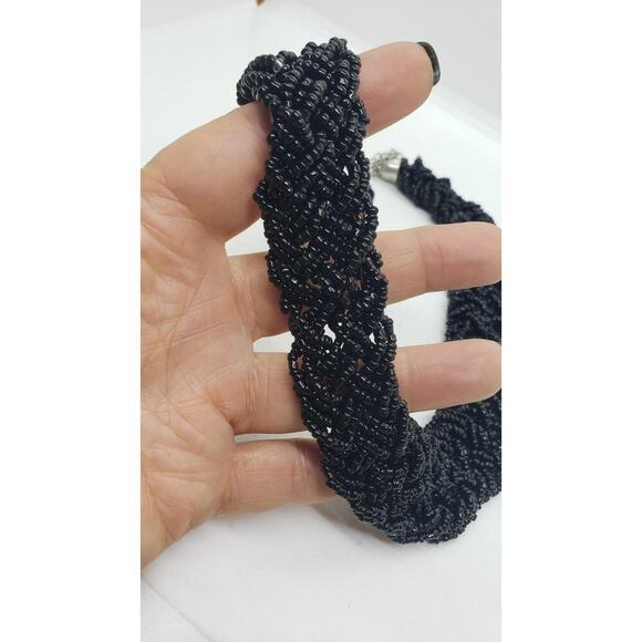 Black Glass Bead Multi Strand Braided Necklace Chunky Wide Twist Collar Choker - Picture 10 of 10